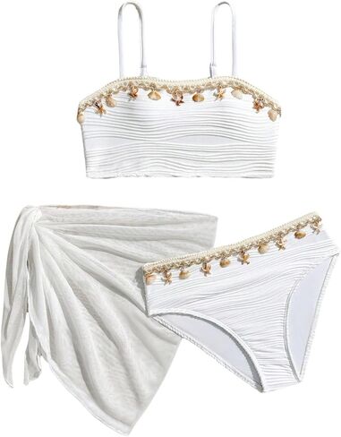 SHENHE Girl's Swimsuits 3 Piece Seashell Spaghetti Strap Textured Bathing Suit with Cover Up in Saudi Arabia