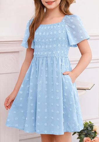 HOSIKA Girls Short Sleeve Dress Boho Swiss Dot Square Neck Smocked Summer Dresses with Pockets 6-12 Years in Saudi Arabia