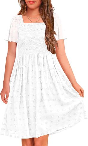 فستان HOSIKA للفتيات بأكمام قصيرة بوهو سويس دوت رقبة مربعة فساتين صيفية مع جيوب 6-12 سنة in Kuwait