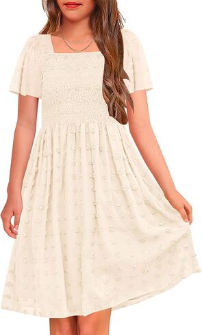 HOSIKA Girls Short Sleeve Dress Boho Swiss Dot Square Neck Smocked Summer Dresses with Pockets 6-12 Years in Saudi Arabia