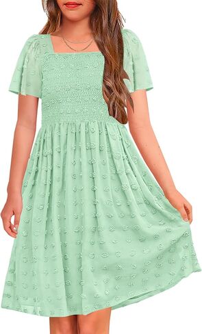 HOSIKA Girls Short Sleeve Dress Boho Swiss Dot Square Neck Smocked Summer Dresses with Pockets 6-12 Years in Saudi Arabia