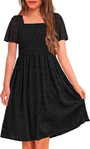 HOSIKA Girls Short Sleeve Dress Boho Swiss Dot Square Neck Smocked Summer Dresses with Pockets 6-12 Years in Saudi Arabia