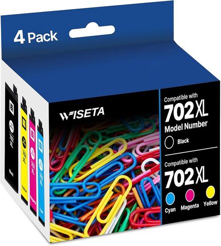Wiseta 702XL 702 XL High Capacity Remanufactured for Epson 702XL Ink Cartridges Combo Pack 702XL T702XL 702 702 XL use with WF-3720 WF-3730 WF-3733 Printer (Black, Cyan, Magenta, Yellow, 4 Pack) in Kuwait