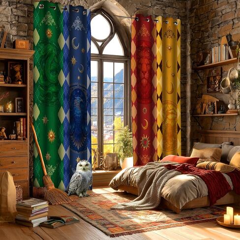 Wizarding House Curtains,Green Blue Red Yellow Magic School Flags Blackout Curtain,4284inch Magic Academy Animal Diamond Pattern Privacy Drapes for Bedroom Living Room,2Panel HILC04 in Saudi Arabia