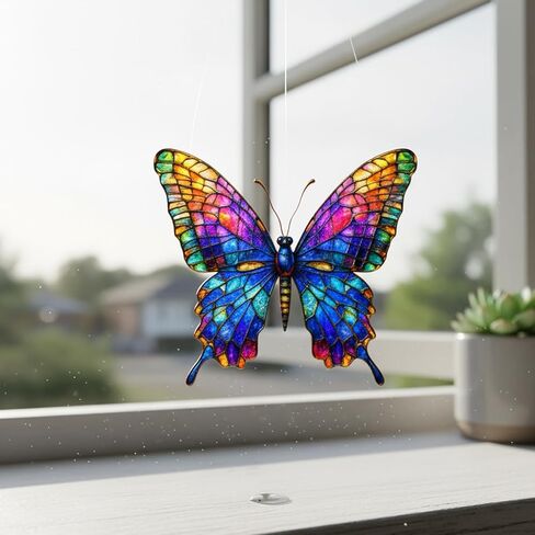 نافذة زجاجية ملونة معلقة على شكل فراشة، 4 قطع من الأكريليك لاصطياد الشمس نافذة داخلية، ديكور نافذة داخلي، هدية تأثير الزجاج الملون الصناعي لها، مجموعة حلية تذكارية in Kuwait