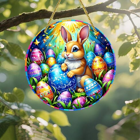 Colorful Acrylic Suncatcher, Easter Bunny with Eggs 7-inch Hanging Window Wall Art Decor with Printed Stained Glass Style Design, Gift Idea & Garden Ornament Indoor Outdoor Use in Saudi Arabia