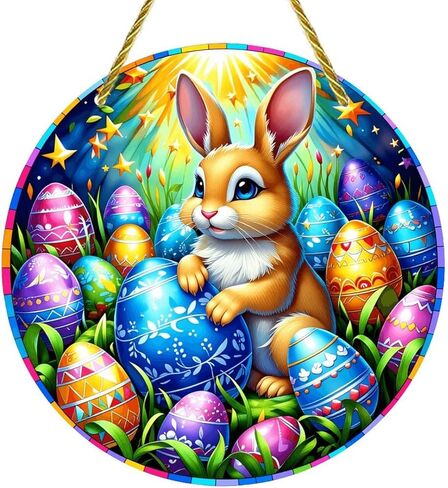Colorful Acrylic Suncatcher, Easter Bunny with Eggs 7-inch Hanging Window Wall Art Decor with Printed Stained Glass Style Design, Gift Idea & Garden Ornament Indoor Outdoor Use in Saudi Arabia