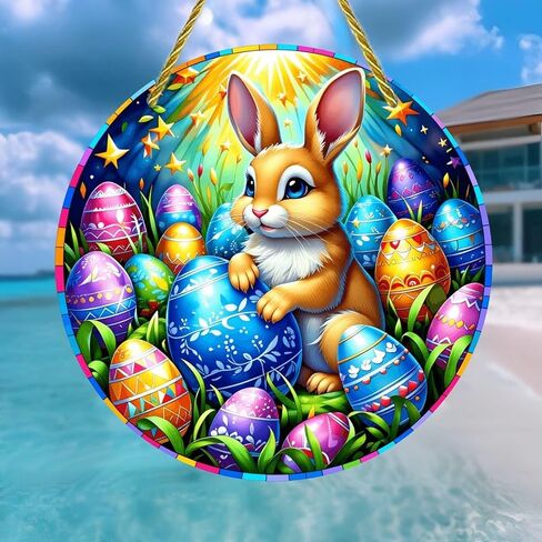 Colorful Acrylic Suncatcher, Easter Bunny with Eggs 7-inch Hanging Window Wall Art Decor with Printed Stained Glass Style Design, Gift Idea & Garden Ornament Indoor Outdoor Use in Saudi Arabia