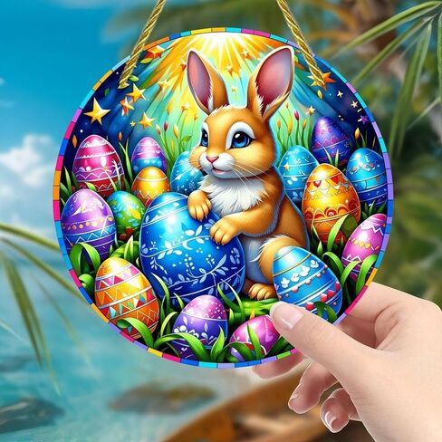 Colorful Acrylic Suncatcher, Easter Bunny with Eggs 7-inch Hanging Window Wall Art Decor with Printed Stained Glass Style Design, Gift Idea & Garden Ornament Indoor Outdoor Use in Saudi Arabia