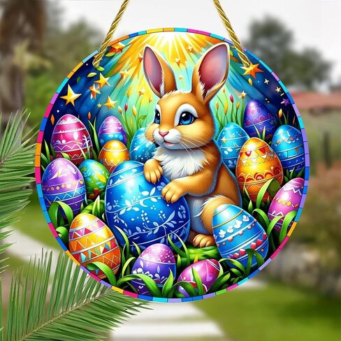 Colorful Acrylic Suncatcher, Easter Bunny with Eggs 7-inch Hanging Window Wall Art Decor with Printed Stained Glass Style Design, Gift Idea & Garden Ornament Indoor Outdoor Use in Saudi Arabia
