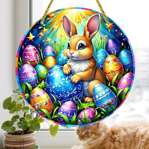 Colorful Acrylic Suncatcher, Easter Bunny with Eggs 7-inch Hanging Window Wall Art Decor with Printed Stained Glass Style Design, Gift Idea & Garden Ornament Indoor Outdoor Use in Saudi Arabia