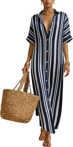 chouyatou Women's Summer Boho Striped Cotton Linen Dress Short Sleeve Lapel Collar Beach Maxi Shirt Dress in Saudi Arabia
