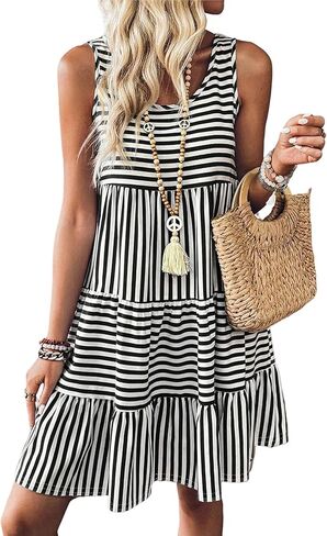 SELINK Womens Summer Dresses Striped Sleeveless Sundresses Flowy Boho Scoop Neck Mini Beach Dress in Kuwait