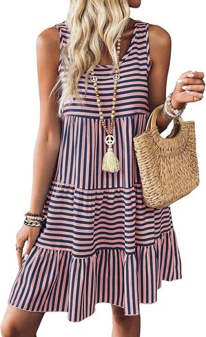 SELINK Womens Summer Dresses Striped Sleeveless Sundresses Flowy Boho Scoop Neck Mini Beach Dress in Saudi Arabia