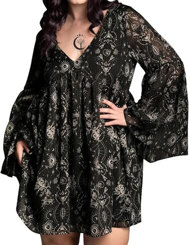 Women‘s Plus Size Black Celestial Moon Gothic V-Neck Long Puff Sleeves Mini Dress in Saudi Arabia