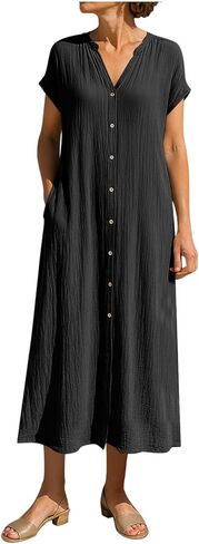 Linen Dresses for Women 2026 Button Down Cotton Summer Dresses with Pockets Cap Sleeve V Neck Casual Beach Midi Dress in Saudi Arabia