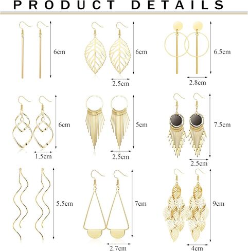 9 Pairs Drop Dangle Earrings Set for Women Stainless Steel Earrings Boho Vintage Silver/Gold Drop Earrings Set Long Bar Earrings Fashion Jewellery in Saudi Arabia