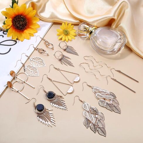 9 Pairs Drop Dangle Earrings Set for Women Stainless Steel Earrings Boho Vintage Silver/Gold Drop Earrings Set Long Bar Earrings Fashion Jewellery in Saudi Arabia