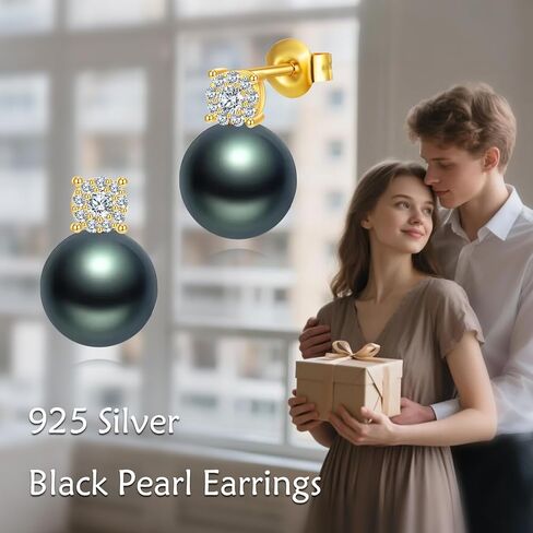 10K Solid Gold Tahitian Black Pearl Earrings for Women, Yellow Gold Moissanite 8mm Black Pearl Pendant Earrings, Jewelry Gift Anniversary Birthday Christmas for Wife Mom Girlfriend in Saudi Arabia