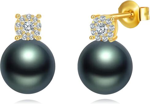 10K Solid Gold Tahitian Black Pearl Earrings for Women, Yellow Gold Moissanite 8mm Black Pearl Pendant Earrings, Jewelry Gift Anniversary Birthday Christmas for Wife Mom Girlfriend in Saudi Arabia