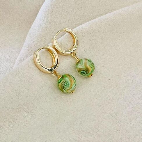 Murano Glass Style Dangle Earrings, Gold Huggie Hoops with Multicolor Glass Marble Beads, Elegant Dainty Murano Style Jewelry Gifts for Women Girls in Kuwait