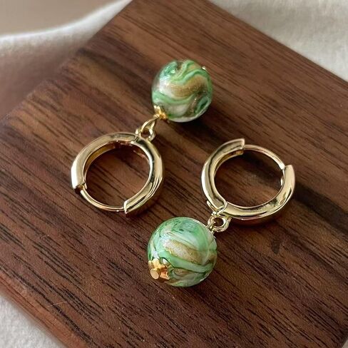 Murano Glass Style Dangle Earrings, Gold Huggie Hoops with Multicolor Glass Marble Beads, Elegant Dainty Murano Style Jewelry Gifts for Women Girls in Kuwait