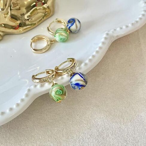 Murano Glass Style Dangle Earrings, Gold Huggie Hoops with Multicolor Glass Marble Beads, Elegant Dainty Murano Style Jewelry Gifts for Women Girls in Kuwait