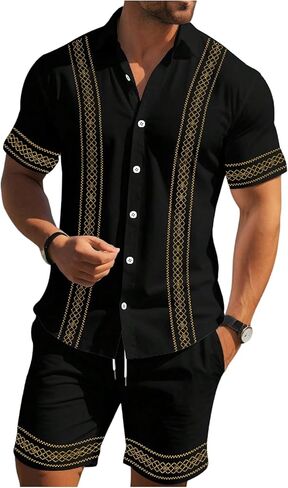 WDIRARA Men's 2 Piece Outfits Geometric Print Button Down Short Sleeve Shirt Shorts Set Vacation Outfits in Saudi Arabia