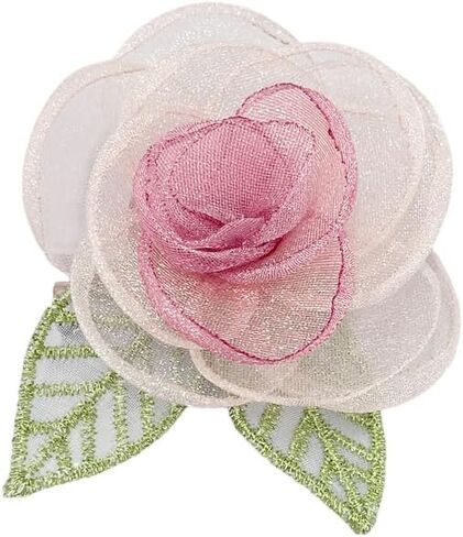 Elegant Organza Camellia Flower Brooch for Women Dainty Pink Floral Green Leaf Hair Clip Lapel Pins for Dress Skirt Scarf Hat Clothing Decoration Accessories Jewelry in Saudi Arabia