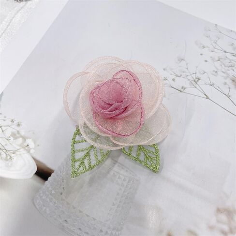 Elegant Organza Camellia Flower Brooch for Women Dainty Pink Floral Green Leaf Hair Clip Lapel Pins for Dress Skirt Scarf Hat Clothing Decoration Accessories Jewelry in Saudi Arabia