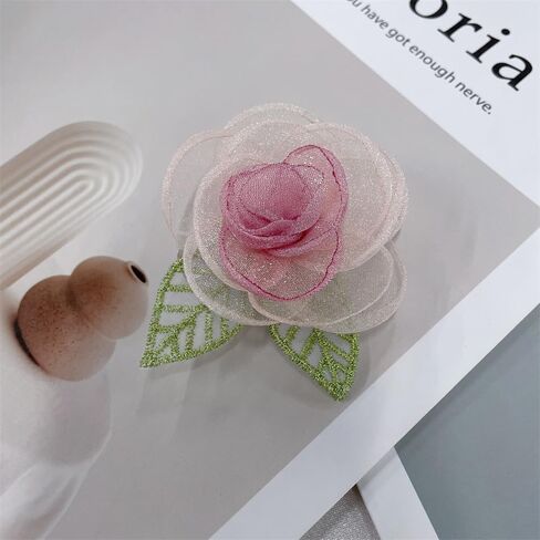 Elegant Organza Camellia Flower Brooch for Women Dainty Pink Floral Green Leaf Hair Clip Lapel Pins for Dress Skirt Scarf Hat Clothing Decoration Accessories Jewelry in Saudi Arabia