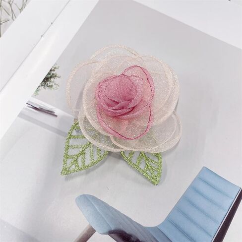 Elegant Organza Camellia Flower Brooch for Women Dainty Pink Floral Green Leaf Hair Clip Lapel Pins for Dress Skirt Scarf Hat Clothing Decoration Accessories Jewelry in Saudi Arabia
