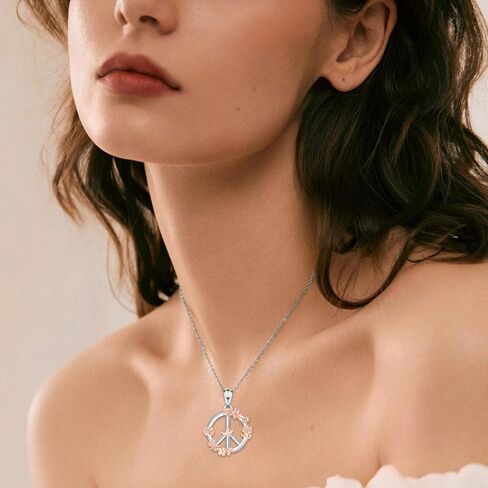Peace Sign Necklace for Women : 925 Sterling Silver Flower & Dove Peace Symbol Pendant Boho Jewelry Gifts for Women Pacifists in Daily & Diplomatic Events in Kuwait