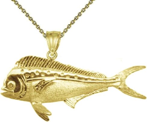 Sterling Silver Yellow Gold Plated 1mm Cable Chain Necklace w/Mahi Mahi Fish 3D (3 Dimensional) Solid Pendant in Kuwait