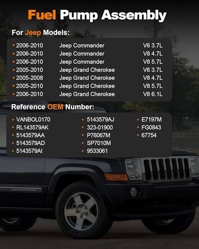 مجموعة مضخة الوقود الكهربائية متوافقة مع Jeep 2006-2010 Commander 2005-2010 Grand Cherokee XK WK V6 3.7L V8 4.7L 5.7L 6.1L GAS استبدال E7197M 5143579AA 5143579AD in Saudi Arabia