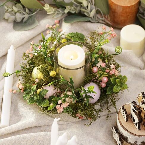 كوب حامل شموع زجاجي لبيض عيد الفصح الملون، حامل شمعدان على شكل مصباح شمعدان مع نباتات صناعية وزهور لربيع عيد الفصح لتزيين طاولة المنزل (باستثناء الشموع) in Kuwait