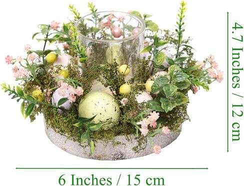 كوب حامل شموع زجاجي لبيض عيد الفصح الملون، حامل شمعدان على شكل مصباح شمعدان مع نباتات صناعية وزهور لربيع عيد الفصح لتزيين طاولة المنزل (باستثناء الشموع) in Kuwait