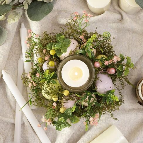 كوب حامل شموع زجاجي لبيض عيد الفصح الملون، حامل شمعدان على شكل مصباح شمعدان مع نباتات صناعية وزهور لربيع عيد الفصح لتزيين طاولة المنزل (باستثناء الشموع) in Kuwait