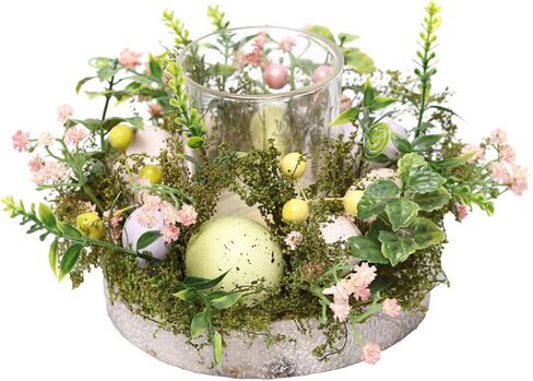 كوب حامل شموع زجاجي لبيض عيد الفصح الملون، حامل شمعدان على شكل مصباح شمعدان مع نباتات صناعية وزهور لربيع عيد الفصح لتزيين طاولة المنزل (باستثناء الشموع) in Kuwait