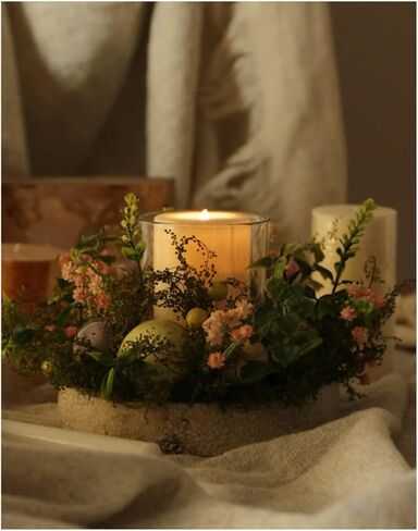 كوب حامل شموع زجاجي لبيض عيد الفصح الملون، حامل شمعدان على شكل مصباح شمعدان مع نباتات صناعية وزهور لربيع عيد الفصح لتزيين طاولة المنزل (باستثناء الشموع) in Kuwait