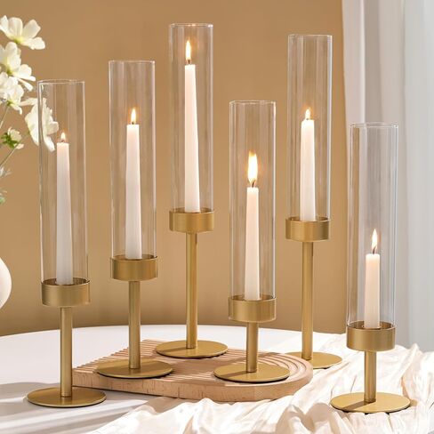 مجموعة حوامل شموع زجاجية من Volens Hurricane مكونة من 6 حوامل شموع مستدقة ذهبية مع أسطوانة مضلعة مقاومة للرياح لشموع مستدقة مقاس 10 بوصات، ديكورات منزلية لطاولة الزفاف in Kuwait