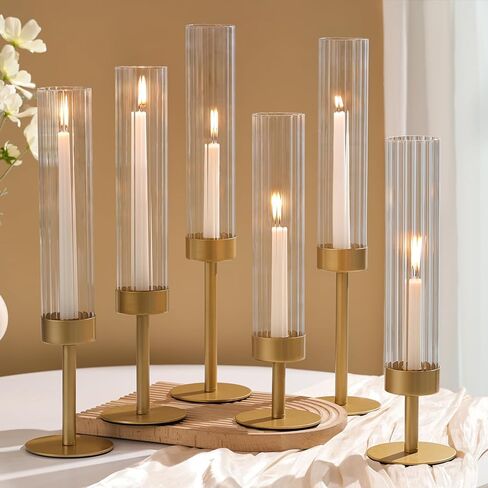 Volens Hurricane Glass Candle Holders Set of 6 Gold Taper Candle Holders with Ribbed Windproof Cylinder for 10'' Taper Candles, Wedding Table Centerpiece Home Decorations in Saudi Arabia