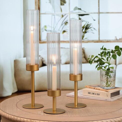 Volens Hurricane Glass Candle Holders Set of 6 Gold Taper Candle Holders with Ribbed Windproof Cylinder for 10'' Taper Candles, Wedding Table Centerpiece Home Decorations in Saudi Arabia