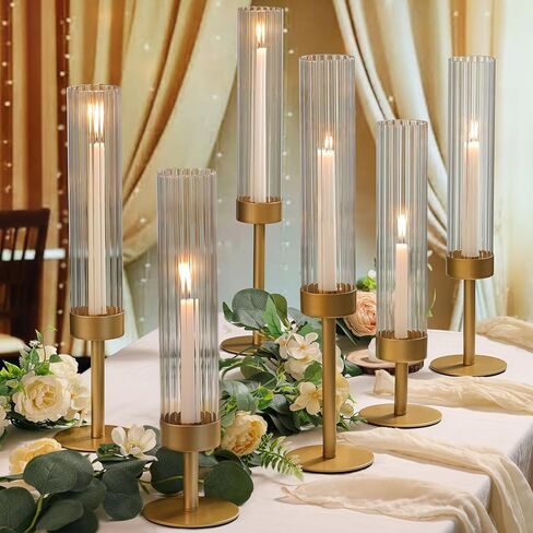 Volens Hurricane Glass Candle Holders Set of 6 Gold Taper Candle Holders with Ribbed Windproof Cylinder for 10'' Taper Candles, Wedding Table Centerpiece Home Decorations in Saudi Arabia