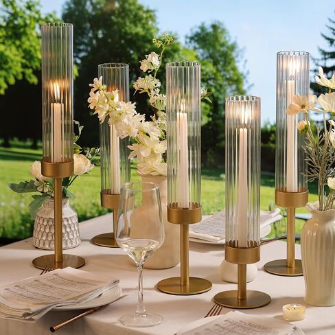 Volens Hurricane Glass Candle Holders Set of 6 Gold Taper Candle Holders with Ribbed Windproof Cylinder for 10'' Taper Candles, Wedding Table Centerpiece Home Decorations in Saudi Arabia