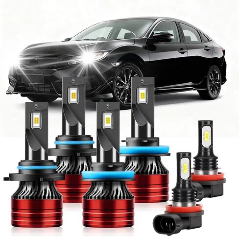 مصابيح كهربائية متوافقة مع 2016-2020 Honda Civic 9005 High Beam H11 Low Beam H11 Fog Lights Combo Pack سطوع 800% مع قابس مروحة التبريد N Play Pack of 6 in Kuwait
