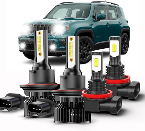 مجموعة لمبات LED لسيارة Jeep Renegade 2015 2016 2017 2018 2019 2020، 4 قطع بيضاء فائقة السطوع وشعاع عالي ومنخفض ومصابيح ضباب LED. in Kuwait