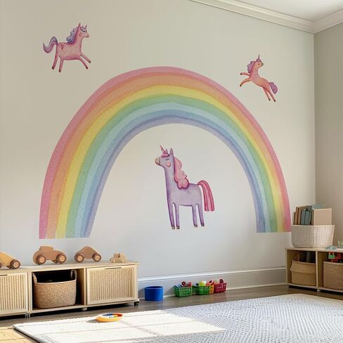 Magical Unicorn Rainbow Wall Decals, Large Pastel Watercolor Design with Hearts and Stars, Personalized Kids Room Nursery Decor Set, 4-Piece Removable Stickers (XXLarge) in Saudi Arabia