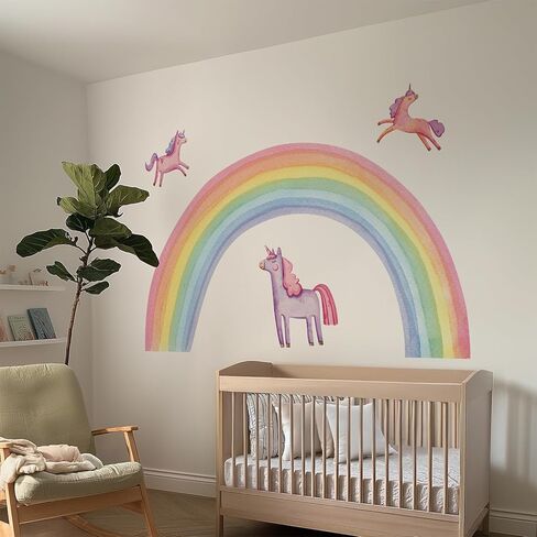 Magical Unicorn Rainbow Wall Decals, Large Pastel Watercolor Design with Hearts and Stars, Personalized Kids Room Nursery Decor Set, 4-Piece Removable Stickers (XXLarge) in Saudi Arabia