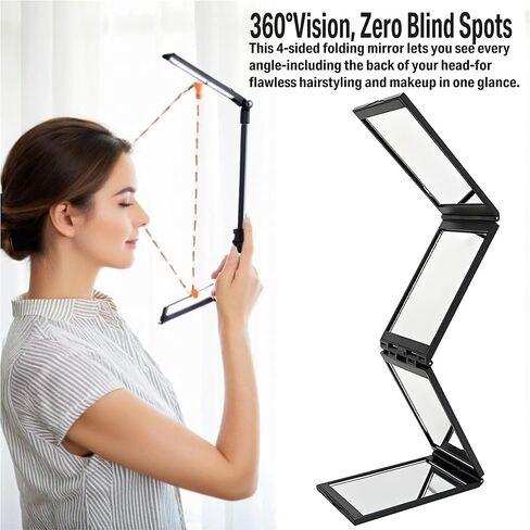 مرآة مكياج قابلة للطي، 4 مرايا حلاقة، أداة قص شعر محمولة على سطح المكتب بزاوية 360 درجة، تصفيف الشعر والعناية به، مرآة مكياج محمولة قابلة للطي، بالإضافة إلى مرآة مكبرة 15 مرة in Kuwait